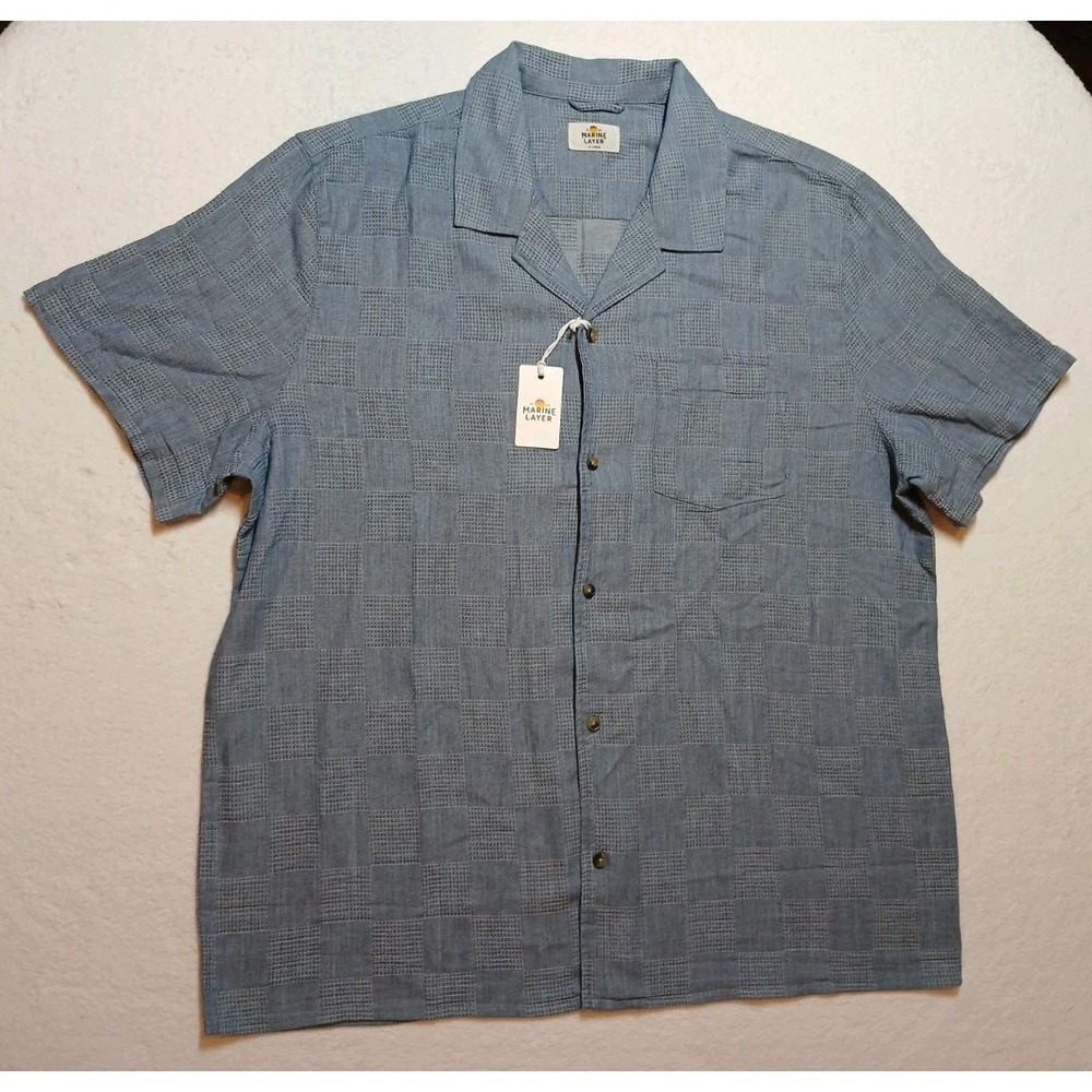 NWT Marine Layer Textured Resort Shirt Indigo Check Blue Button Up Men's XL